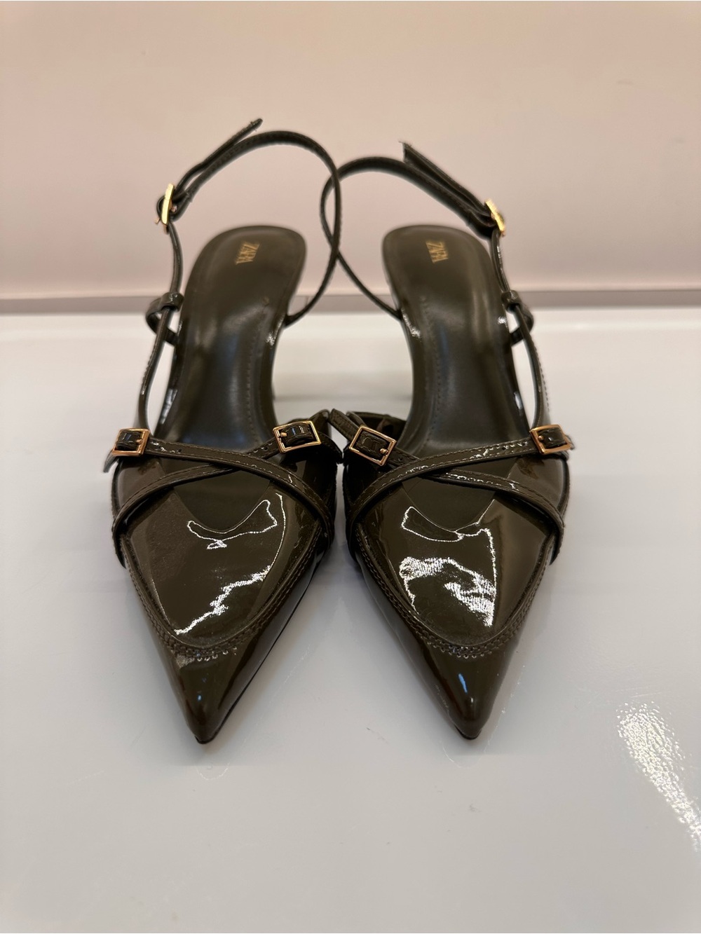 Zara Glossy Olive Green Slingback Kitten Heels